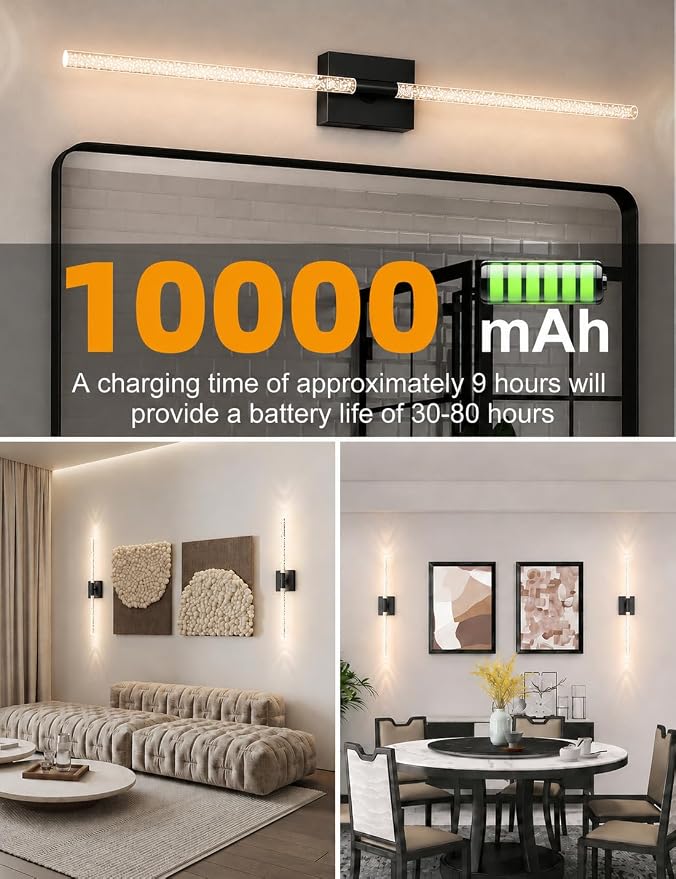 Crystal Bubble Rechargeable Wall Sconces Set of 2, Wireless Modern Lights | 10000mAh, Remote Control, 3000K-6000K Dimmable, 360° Adjustable, Ambient Lighting for Living Room, Bedroom, Picture, Bathroom