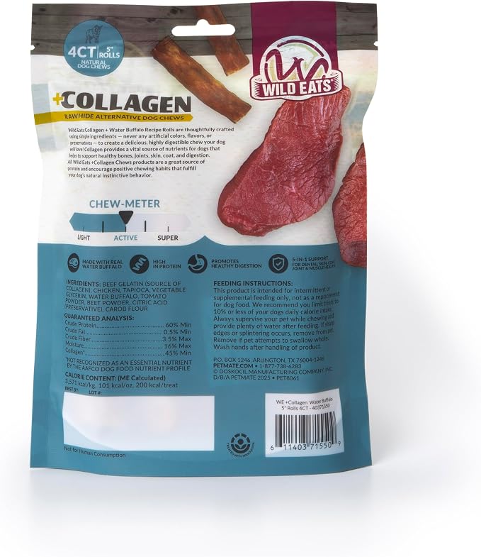 Wild Eats Water Buffalo Collagen Cheek Rolls 5" Chew 4pk Pig Ear Substitute | Long lasting treats and bones for medium dogs, retriever style texture, 4 per bag, satisfies natural gnawing urges daily