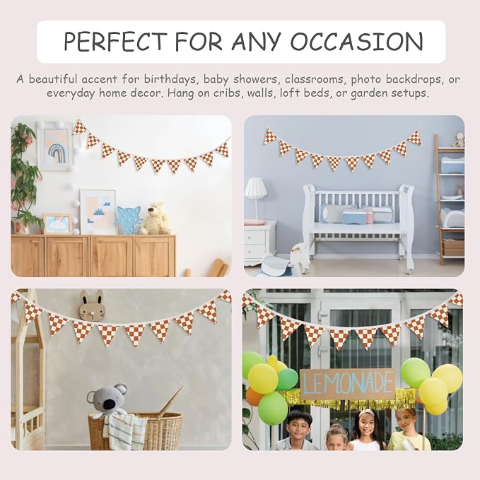 Boys Room Wall Art Decor,Cars Room Decor for Toddler Nursery Playroom,Orange and White Checkered Garland Triangle Banners,Racing Flags 11Ft Bunting Flags Fabric for Baby Shower Birthday Party