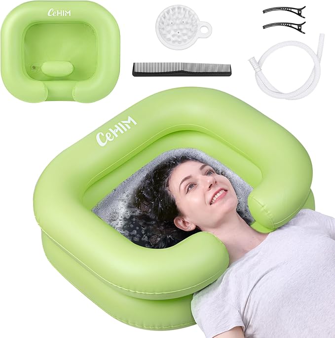 Inflatable Shampoo Basin - Portable Shampoo Bowl, Hair Washing Basin for Bedridden, Disabled,Injured, Hair Wash Tub for Dreadlocks and at Home Sink Washing (Green)