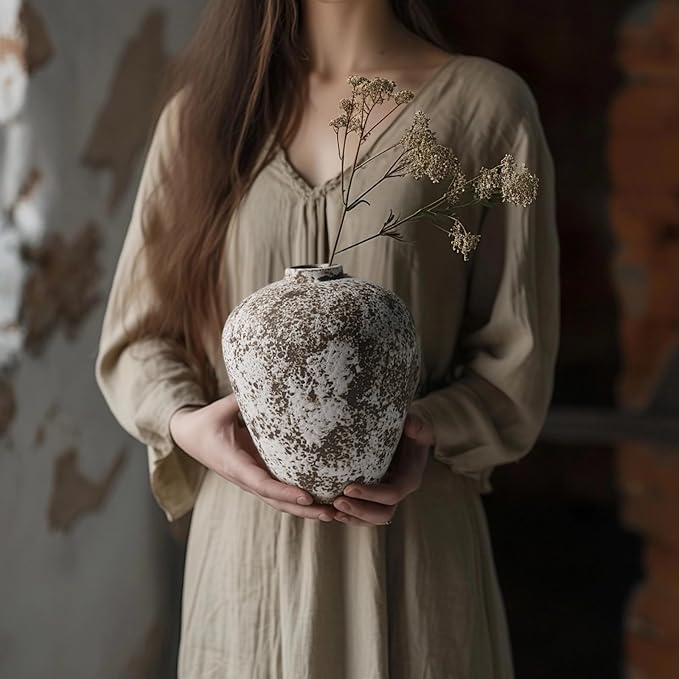 DIF DECO Ceramic Vase,Flower Vases Home Decor,Rustic Vintage Decorative Boho Vase for Centerpiece Table,Room,Bathroom,Wall,Bedroom,Living Room,Kitchen,Office Decorations,8.66 inch Retro Snowflakes