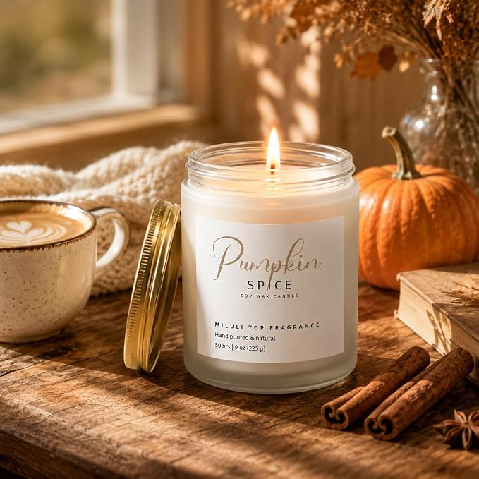 Pumpkin Spice Scented Candles for Home - 15% Essential Oil Luxury Aromatherapy - Handmade Natural Soy Wax Candle for Women Men Relaxation - 9oz Frosted White Jar,50H Clean & Non-Toxic Burn