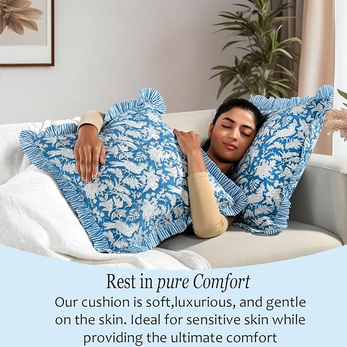 CPC Block Print Ruffle Throw Cover Blue Sapphire 24"x24" Inch Pack of 2-100% Cotton Ruffle Couch Decorative Boho Pillows Case for Living Room, Bedroom, Sofa, Farmhouse Gift for Spring, Mother's Day