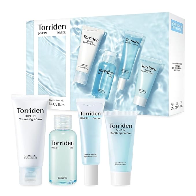 Torriden DIVE IN Trial Kit | Hyaluronic Acid Infused Daily Skincare Kit - 4 Step Regimen with Foam Cleanser, Facial Toner, Serum, and Cream | Travel Essential | Korean Skin Care Set