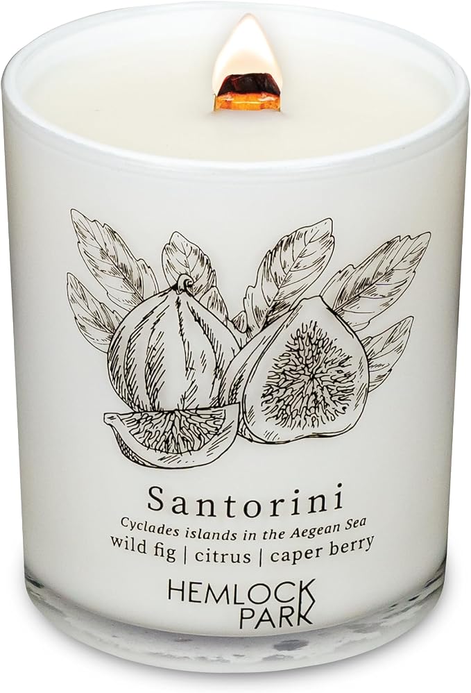 Hemlock Park Santorini Postcards Scented Candle | Crackling Wood Wick, Botanical Fragrance & Coconut Apricot Wax | Up to 50 Hour Burn Time | 7.2 oz | Made in USA