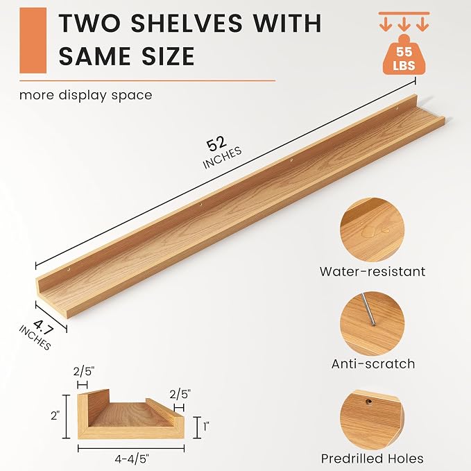 Picture Ledge Shelf, Long Floating Shelves for Wall, 52" W Set of 2, Oak | FSC Certified Engineered Wood, Wall Mounted Bookshelf, for Nursery Living Room Bedroom, Easy Install