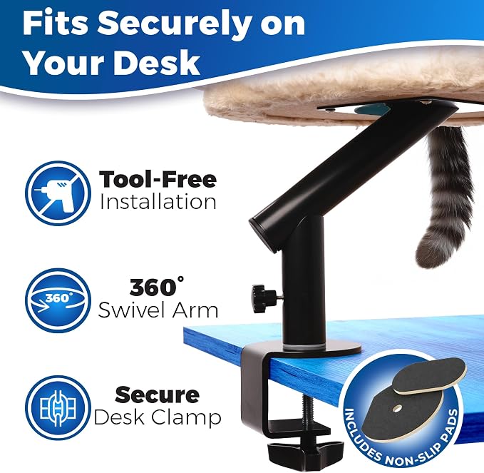 PetLovers Cat Desk Bed - Plush Elevated Desk Bed Attachment with Removable Washable Cushion, 360° Swivel Arm, Secure Clamp - Keeps Your Pet Close While You Work or Play