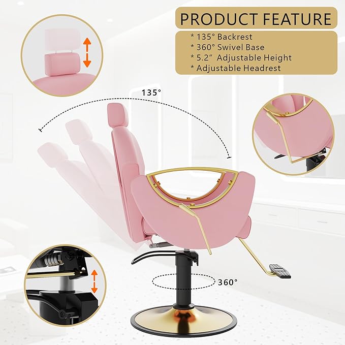 Barber Salon Chair, Reclining Hair Salon Chair, 360 Degrees Swivel Styling Chair, Height Adjustable Hydraulic Shampoo Chairs, Spa Equipment (Pink)