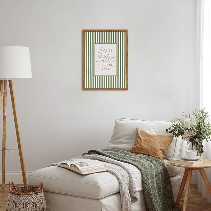 Framed Christian Wall Art, Praise God From Whom All Blessings Flow Scripture Pictures Wall Decor, Sage Green Striped Bible Verse Paintings Canvas Prints Religious Home Decor for Living Room 12x16 inch