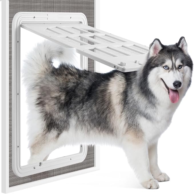 Large Dog Screen Door, 13 x 17 inches Flap Opening Dog Door for Screen Door with 4 Entry Ways, Magnetic Self-Closing Pet Screen Door for Dogs Cats, White