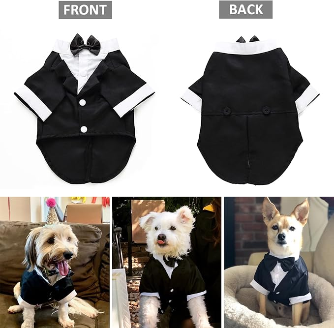 Dog Tuxedo with Bow Tie, Formal Wedding Suit for Small Medium Puppy Dogs | Pet Outfit Party Birthday Clothes, Dog Groom Attire Costume for Halloween Christmas Graduation Cosplay Photo Shoot, Black L
