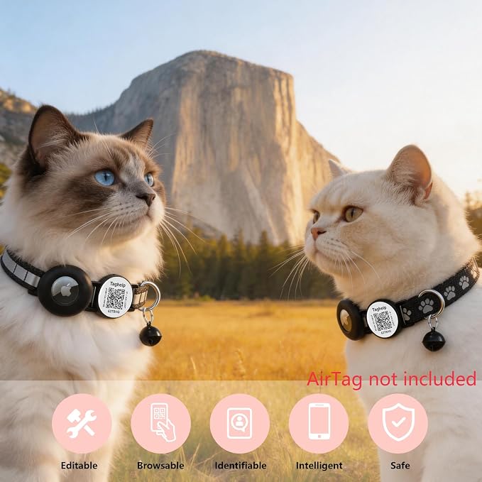 2 Pack Airtag Cat Collar, Breakaway Cat Airtag with Smart ID tag & QR Code Reflective (Reflective Strip & Paw Pattern - Black, with Integrated AirTag Holder)