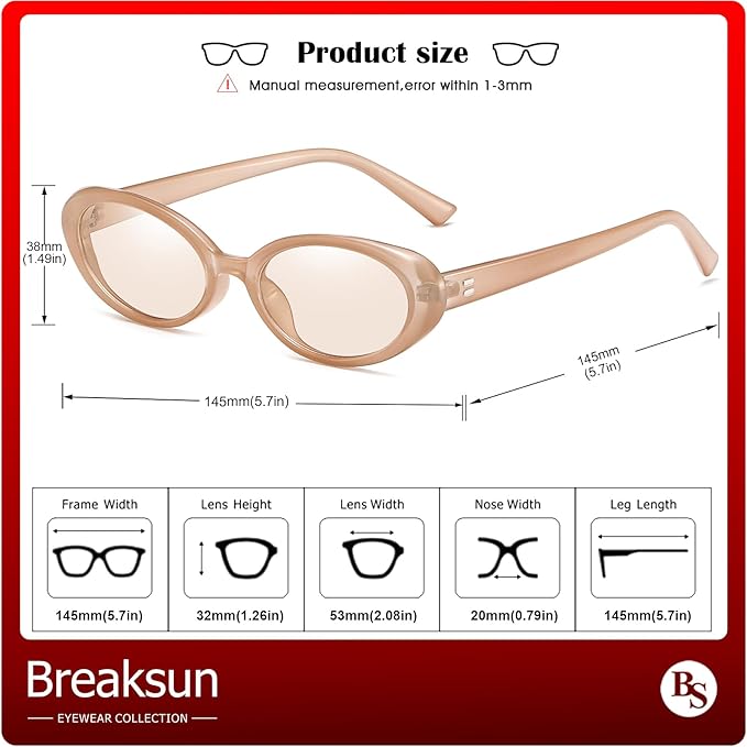 Breaksun Retro Oval Sunglasses for Women Men Fashion Small Oval Sunglasses 90s Vintage Shades