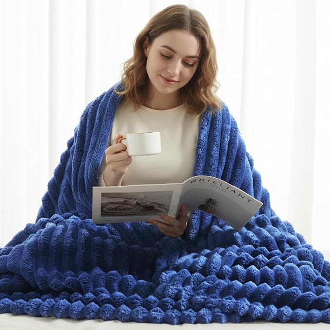 decorUhome Navy Blue Fleece Throw Blanket 50x60 Inches | Soft Couch Cozy Fluffy Plush Flannel Striped Blanket for Sofa Bed, Lightweight Decorative Ribbed Fuzzy Blanket for Woman