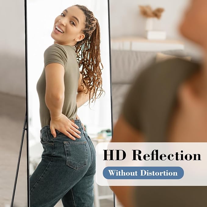 DUMOS 19"x58" Full Length Mirror with Stand, Full Body Floor Mirror | Free Standing or Wall Mount, Nano Glass Aluminum Frame, Hanging or Leaning, Modern Simple Home Decor, Black