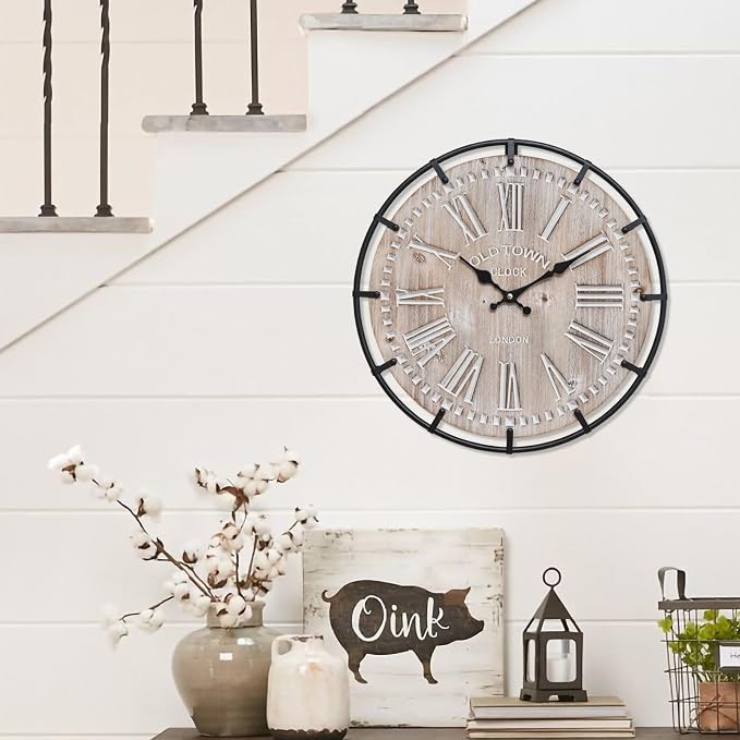 EMAX HOME 12 Inch Farmhouse Wall Clock Rustic Antique Wood with Metal Circle and Large Engraved Numerals, Silent Battery Operated Wall Clock for Office Kitchen Bedroom Living Room