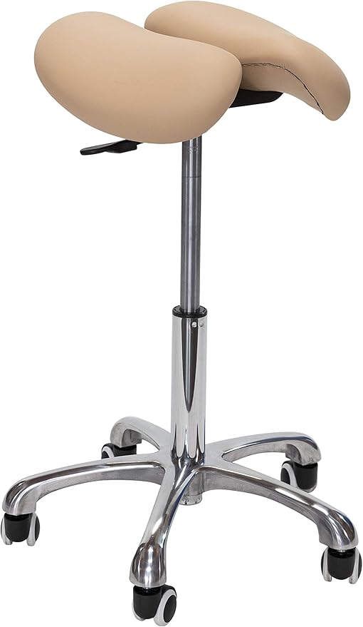 Saddle Stool with Wheels Rolling Chair - Ergonomic Split Seat Design, 360° Swivel Mobility, and Heavy Duty Adjustable Height - Professional Salon, Massage & Esthetician Spa Stool - (Beige)