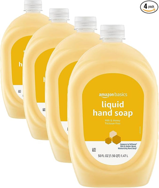 Amazon Basics Liquid Hand Soap Refill, Milk and Honey Scent, Triclosan-Free, pH Balanced, Dermatologist Tested, 50 Fluid Ounces (Pack of 4)
