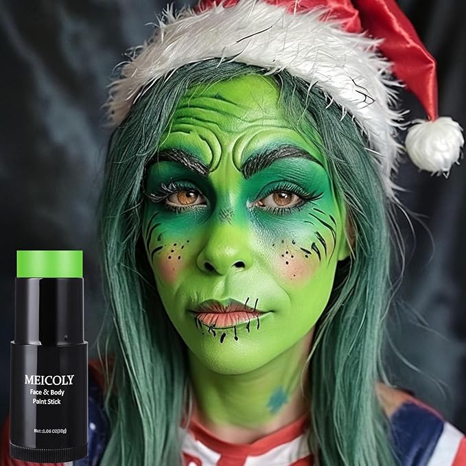 MEICOLY Lime Green Face Body Paint Stick,Christmas Stocking Stuffers,Elphaba Green Face Paint,Body Paint for Halloween SFX Cosplay Witch Makeup,Hunting Camo Paint,St Patricks Day Accessories