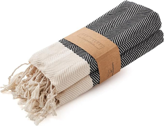 BAY LAUREL Turkish Hand Towel – Pack of 2 | Soft & Absorbent Decorative Towels for Bathroom, Hand, Face, Hair, Gym, Yoga, SPA, Kitchen & Tea | Boho Decor (Black, Herringbone 16x40 Inches (Set of 2)