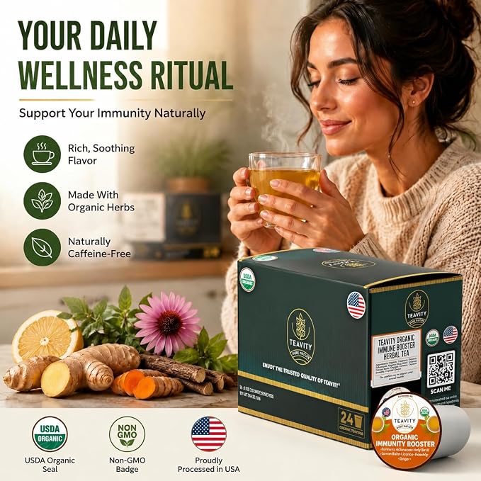 Organic Ginger Tea Pod with Echinacea, Turmeric, and Licorice for Keurig, Decaf by Teavity (24 Tea Pods)