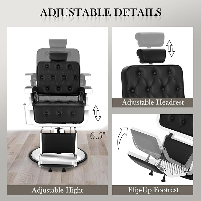 Vintage Recline Barber Chair, Salon Styling Chair for Barbershop w/Adjustable Footrest, Hairdresser Chairs for Barbershop, Professional Salon Beauty Spa Shampoo Tattoo Equipment, Black