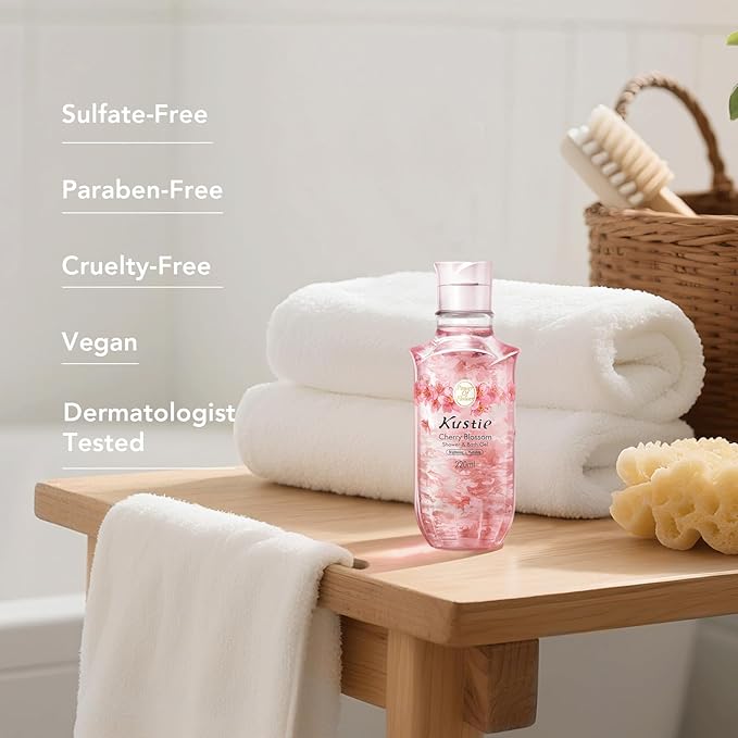 Kustie Cherry Blossom Petal Body Wash with Real Sakura Extract & Niacinamide - Hydrates & Softens Skin with Hyaluronic Acid - Antioxidant-Rich, Free From Parabens, Sulfates & Phthalates, 7.4 Fl Oz