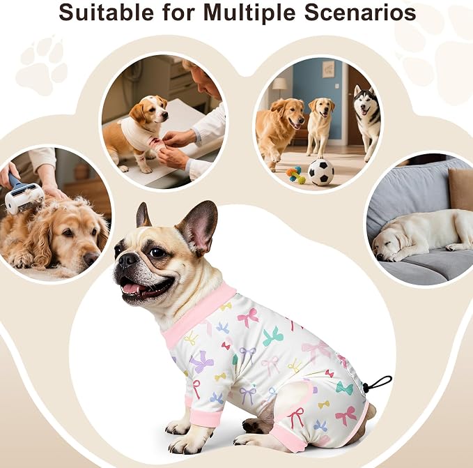 Bienbee Dog Pajamas, 4 Pack Adjustable Onesies for Small to Large Dogs L | Dog Shedding Suit with Soft Fabric, Breathable & Stretchy, and Adjustable Back Length for Sleeping Lounging and Daily Use