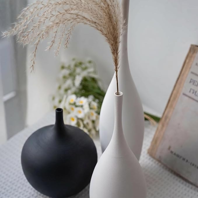 Relexome White Ceramic Vase Modern Wabi-Sabi Black Flower Vase Set of 3 Decorative Aesthetic Vases for Centerpieces Pampas Matte Minimalist Vases for Living Room Table Shelf Home Decor Gift