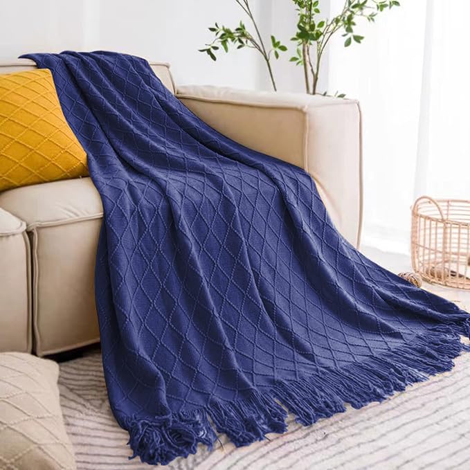 inhand Navy Blue Knitted Throw Blanket for Couch and Bed, 50"x60" | Soft Living Room Home Decor Knitted Blanket, Tassel, Outdoor Lightweight Breathable Summer, Farmhouse Warm Woven Decorative