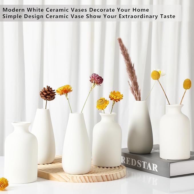 YANLING 6 Pcs White Ceramic Vases for Home Decor, 6 in Modern Ceramic Vase | for Centerpieces Small Boho Vases Pampas Grass Vases, Table Vase for Dried Flowers Decor