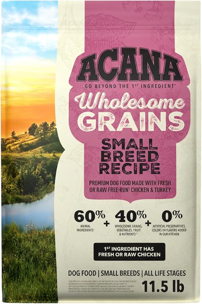 ACANA Wholesome Grains Dry Dog Food Small Breed Recipe 11.5lb Bag | Made in the USA, Includes Probiotics, Omega-3 Fatty Acids, Free-Run Poultry, Small Breed Dogs, Global Quality Ingredients