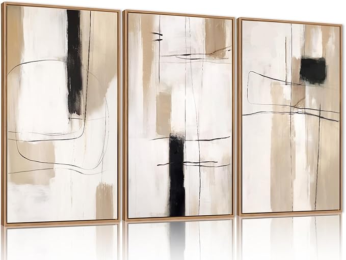 FWIEXA Modern Abstract Canvas Wall Art Set of 3, Framed Neutral Wall Decor, Large Black White Wall Painting, Beige Cream 16x24 Inch Prints Artworks for Living Room, Bedroom, Dining Room, Office