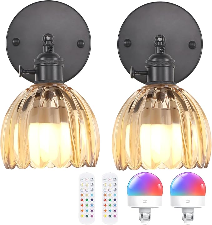 Shenmoyl Vintage Battery Operated Wall Sconce with Amber Tulip Glass Lampshade Rechargeable Battery Powered Black Wall Light with Remote Control for Bedside Bedroom Doorway, Set of 2