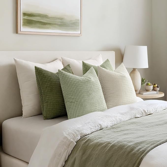 MIULEE Farmhouse Decorative Pillow Covers 20x20 Inch Set of 4 Light Green | Modern Natural Rustic Throw Pillows, Neutral Warm Soft Corduroy Couch Pillowcases, Home Decor for Sofa Living Room Bed