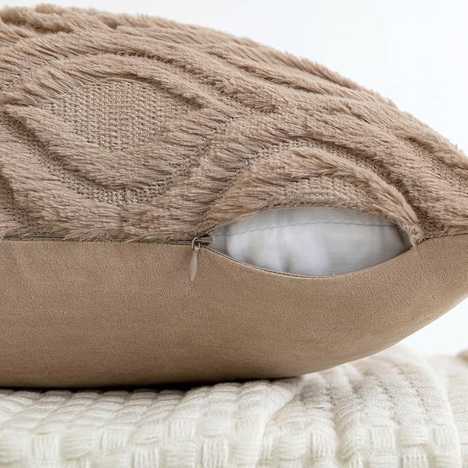 MIULEE Light Brown Soft Plush Faux Wool Throw Pillow Covers 16x16 | Set of 2, Farmhouse Boho Home Decor, Decorative Cushion Covers for Sofa, Living Room, Bed