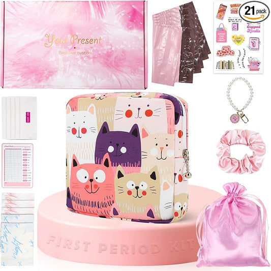 21 PCS First Period Starter Kit for Teen Girls Period Bags for Teen Tweens Girls with Sanitary Pad Storage Bag, Wipes, Menstrual Tracker, Disposal Pouches and More (Pink Cats)