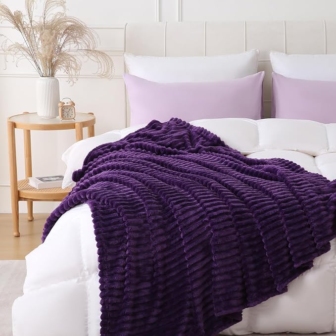 Deep Purple Throw Blanket for Couch Sofa 90x90 inches Striped Design | Fleece Blankets Room Home Decor Lightweight Plush Soft Cozy Gifts for Women Mom