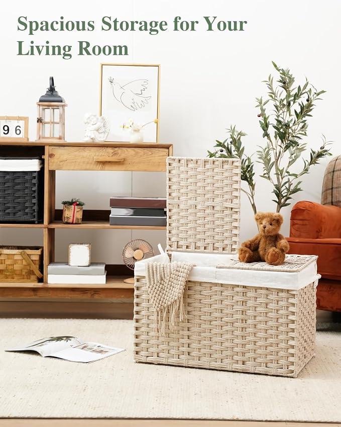 SETVSON Storage Basket with Lid 105L PE Rattan Storage Bin Light Khaki | 2 Removable Liners for Clothes & Blankets, 105L Storage Bin with 2 Separate Lids,Sturdy Metal Frame, PE Rattan