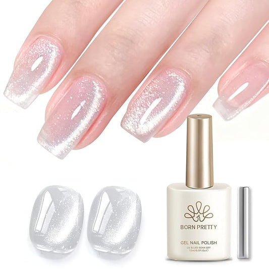 Born Pretty Cat Magnetic Eye Gel Nail Polish,15ML Water Light Silver Magnetic Gel Polish Silver White Jelly Glass Crystal Nail Polish Glitter Shimmer Auroras Gels Nail