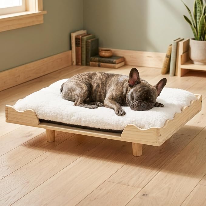 Veehoo Elevated Dog Bed for Small Dogs, Fancy Luxury Wooden Dog Bed Frame | Aesthetic Raised Pet Furniture, Low Entry, Sturdy Real Wood Frame, Soft Cushion, Non-slip Bottom, Easy Assembly, 28" x 22"