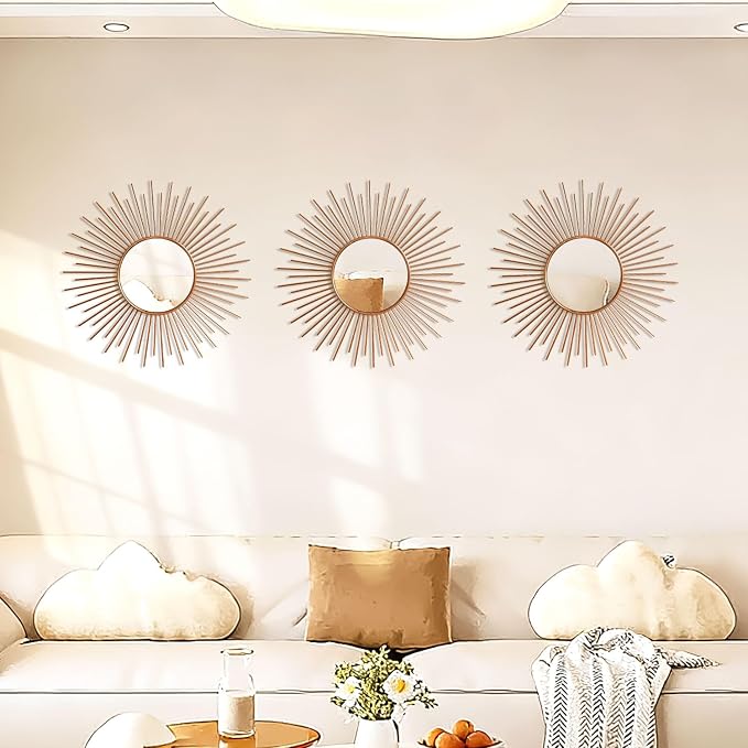 3 Pack Metal Mirrors for Wall Sunburst Wall Mirrors Home Décor Decorative Hanging Wall Art for Living Room Bedroom Entryway (Rose Gold2, Sunburst)
