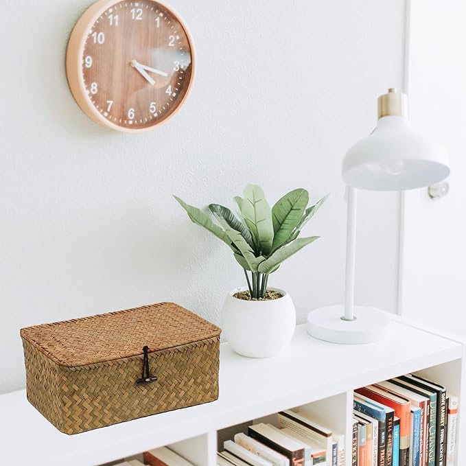 Seagrass Wicker Storage Basket with Lid, Medium, Natural | Shelf Baskets for Organizing, Rectangular Woven Bin Box, Multipurpose Home Storage, Natural Decor, 10.23 x 6.3 x 4.13