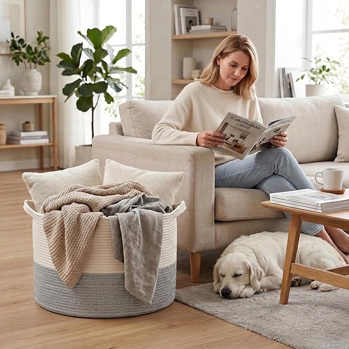 115L Extra Large Blanket Basket, Woven Laundry Basket-White&Grey | Collapsible, reinforced handles, nursery storage bin organizes clothes, toys and pillows for living room, bedroom bathroom