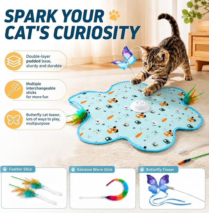 Cat Toy, Interactive Cat Toy, Cat Toys Interactive | Rechargeable Hide and Seek Automatic Kitten Toy with 3 Replaceable Wands, 3 Modes, Realistic Bird Chirp Sounds for Indoor