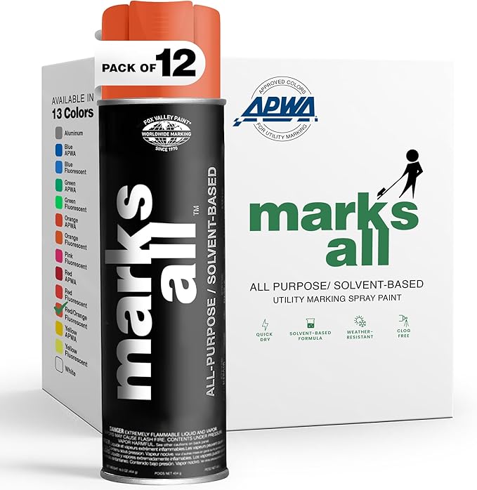 Fox Valley 18oz Marks All Solvent-Based Marking Paint Spray, 12-Pack Red Orange – Long-Lasting, Weather-Resistant Spray Paint for Wet or Dry Surfaces Like Metal, Grass, Concrete, Wood, & More