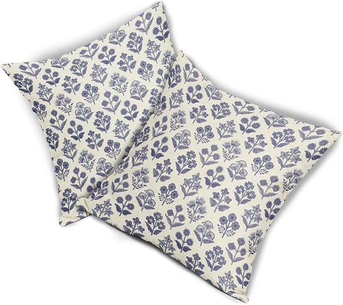 Navy Blue Floral Pillow Covers 18x18 Inch Set of 2, Vintage Flower Block Print Pattern Decorative Throw Pillowcases Outdoor Farmhouse Cushion Covers Spring Summer Rustic Sofa Couch Bed Decor
