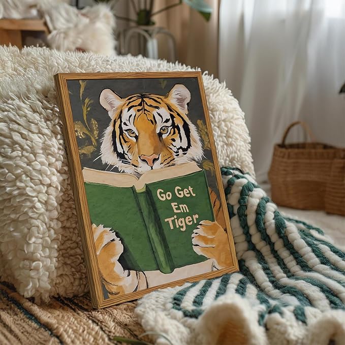 Framed Funny Tiger Wall Art, Motivational Animal Reading Wall Decor Paintings, Eclectic Go Get Em Tiger Canvas Prints Pictures Home Decor for Living Room Bedroom Dorm Office 16x24 inch