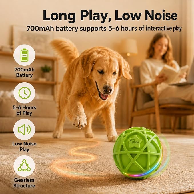 Interactive Dog Ball Toy,Motion-Activated,Rolling&Bouncing,RGB Light