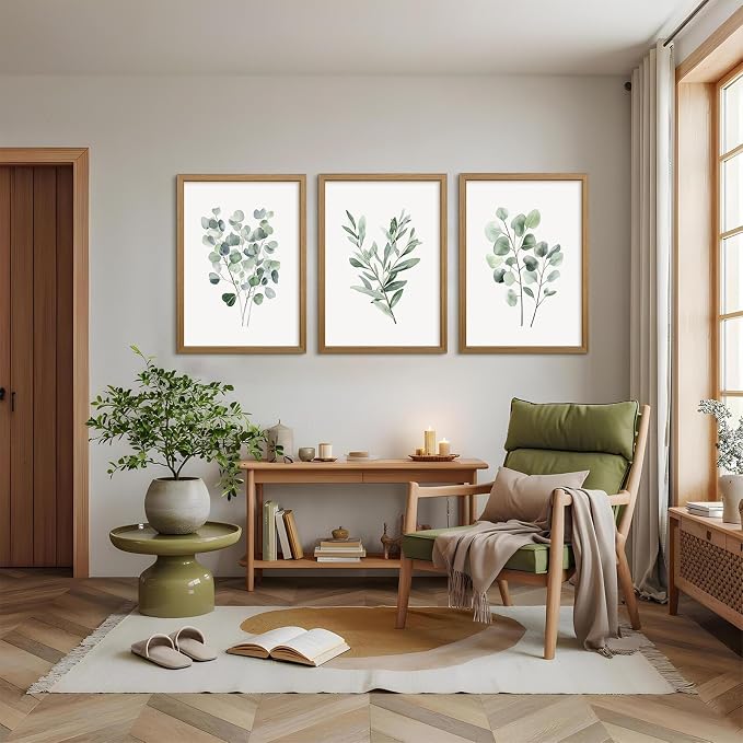 Botanical Wall Art Sage Green Canvas Wall Decor Eucalyptus Art Watercolor Plant Pictures Green Botanical Prints Minimalist Leaf Painting Set of 3 for Bathroom Living Room 16x24 Inch Wood Framed